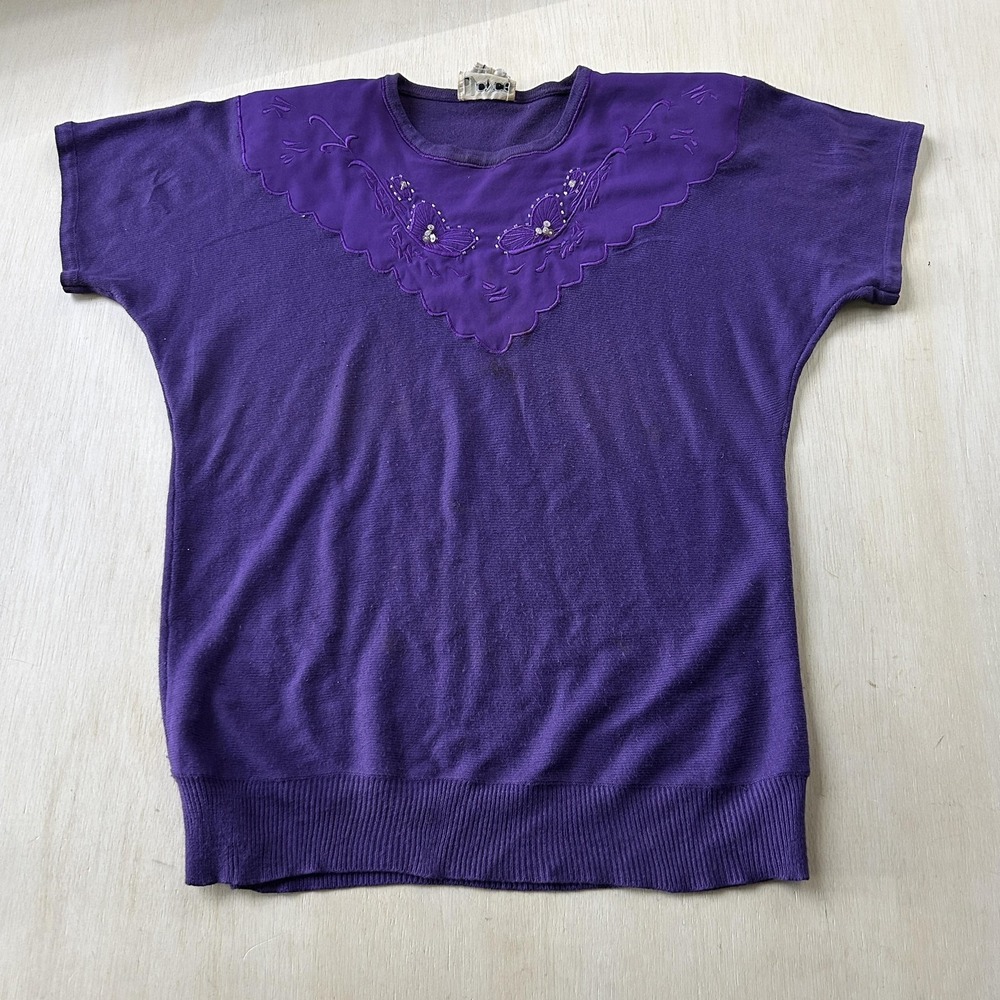 Vintage Joyce Sweater Womens Med Purple Beaded Embroidered Dolman Knit Pullover